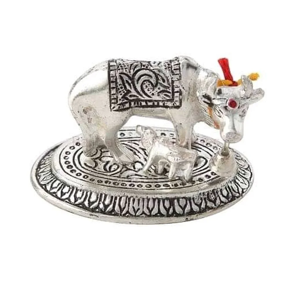 3" Inch Silver Metal Kamdhenu Cow Calf Statue - Handicrafts & Gifts by Lav Craft