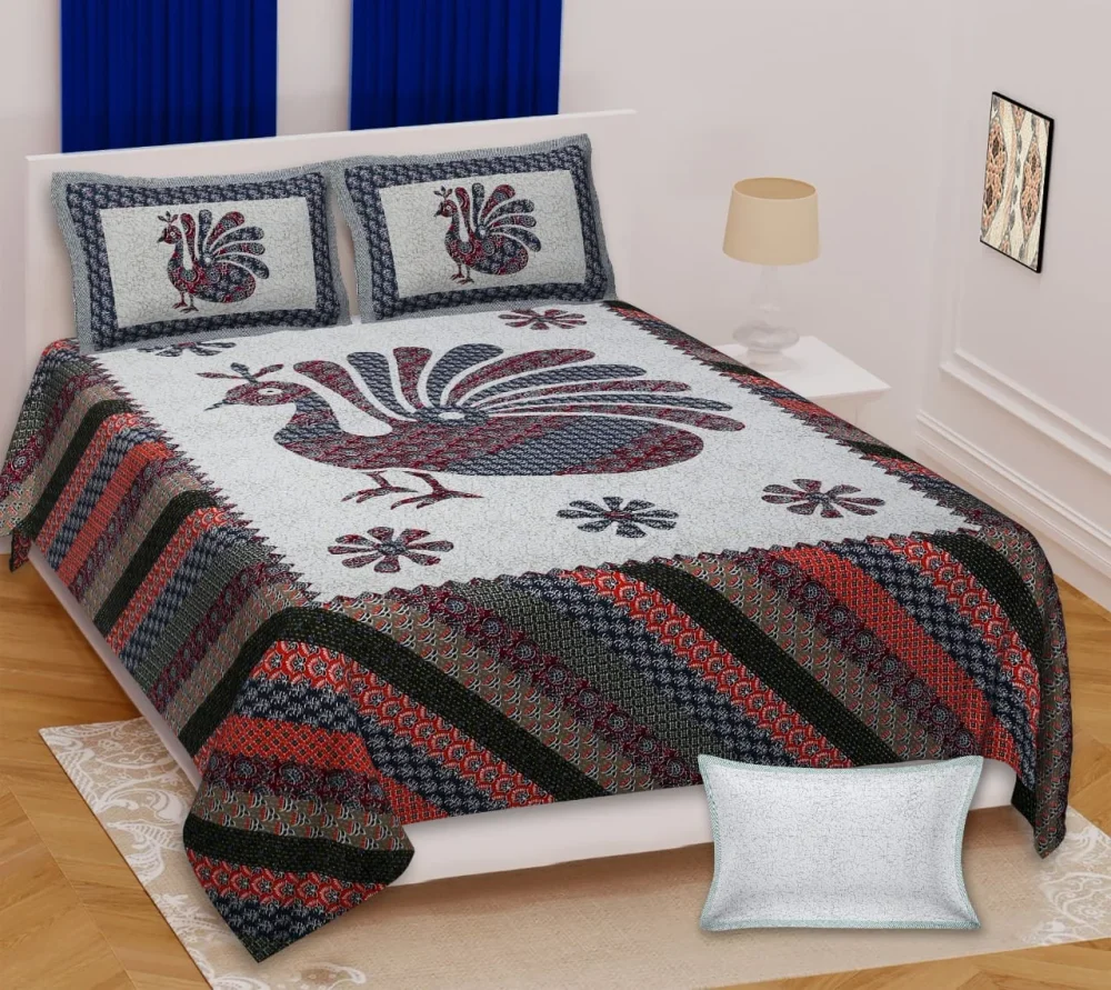 King Size Cotton Bedsheet with Peacock Motif - Textiles & Apparel by Shriex Enterprises