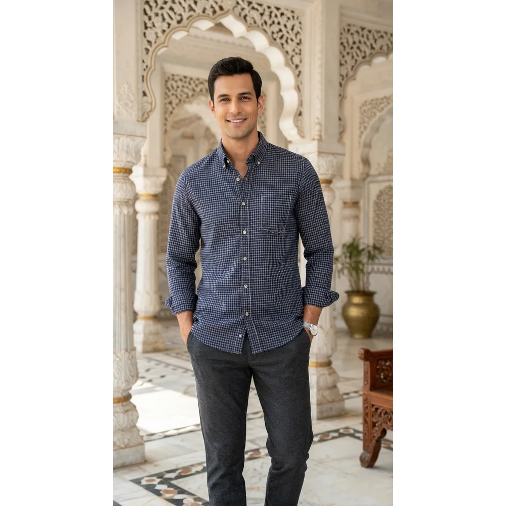 Men's Navy Blue Checked Cotton Regular Fit Button-Down Casual Shirt - Textiles & Apparel by G M Apparels
