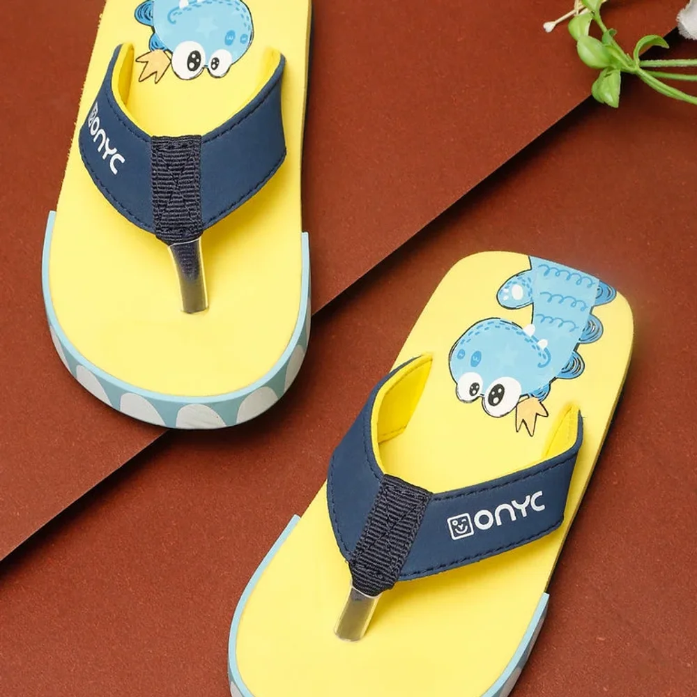 Unisex Yellow Dino Cartoon Flip-Flops - Footwear, Bags & Leather Goods by Parmar Brothers