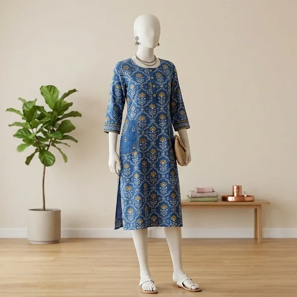Linen Geometric Block Print Kurta - Textiles & Apparel by Kgn Cloth House