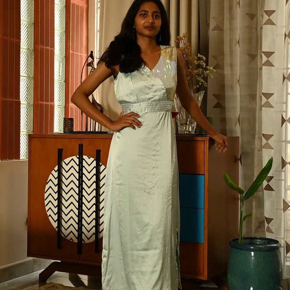 Sleeveless V-Neck Embroidered Georgette Long Dress - Textiles & Apparel by Ivaayaa