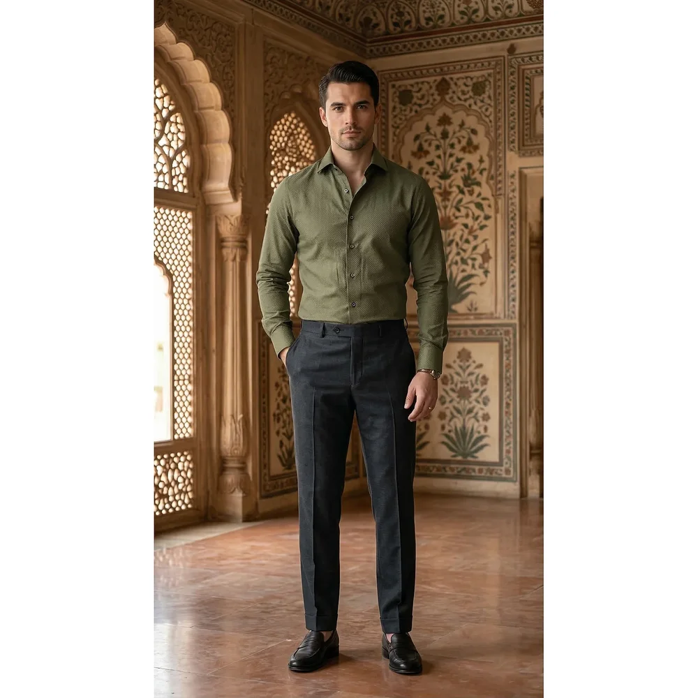 Olive Green Slim Fit Cotton Blend Micro-Texture Button-Down Shirt - Textiles & Apparel by G M Apparels