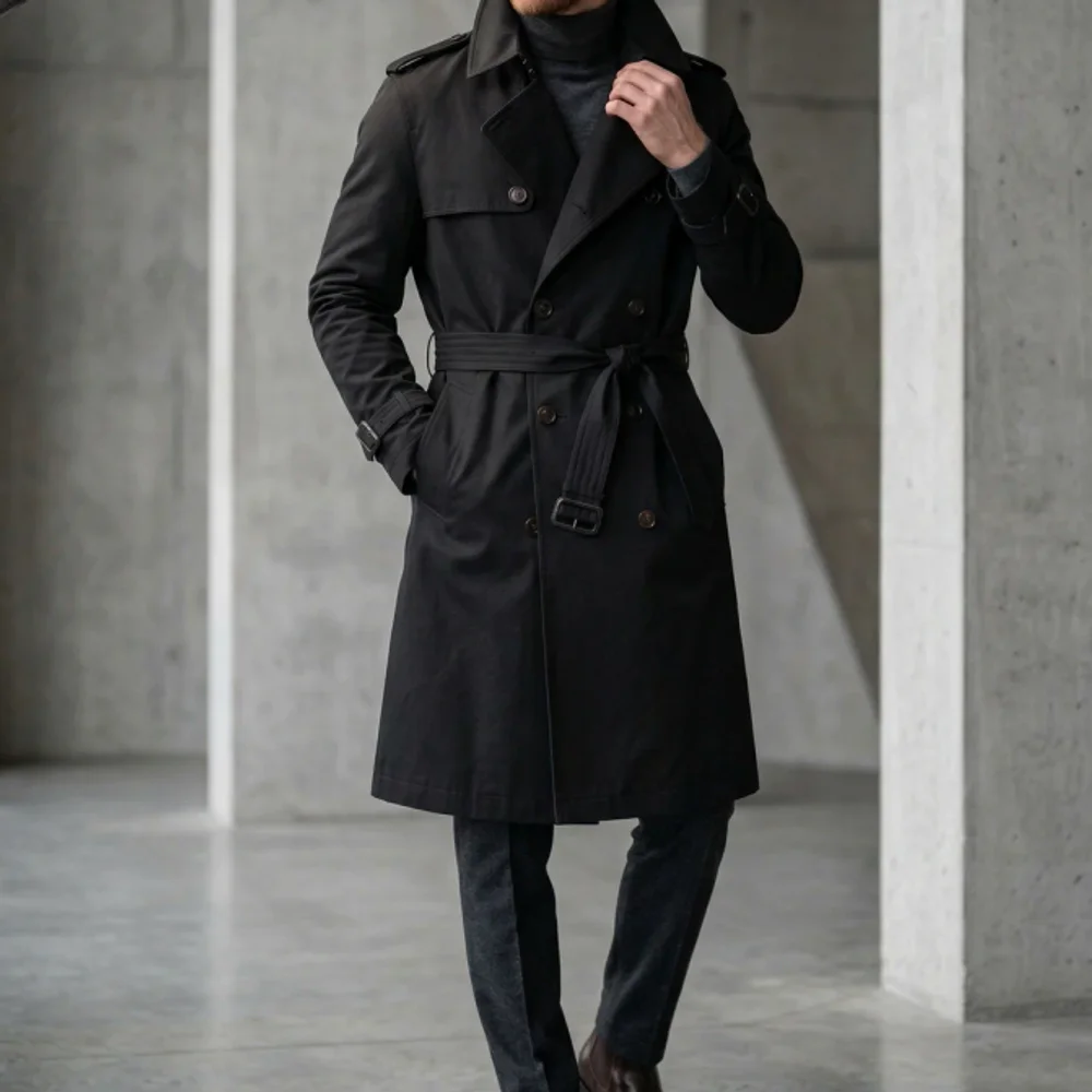 Men's Onyx Black Slim-Fit Trench Coat with Buckled Closure - Textiles & Apparel by G M Apparels