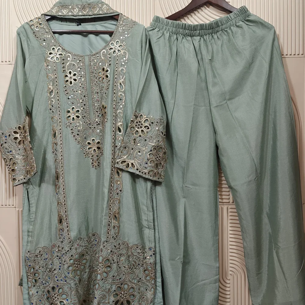 Embroidered Chiffon and Raw Silk Kameez Dupatta Plazo Set - Textiles & Apparel by Ayzel Pvt. Ltd.