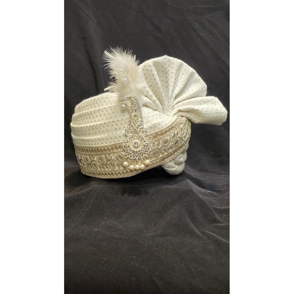 Off-White Silk Cotton Pre-Tied Turban for Weddings - Textiles & Apparel by G M Apparels