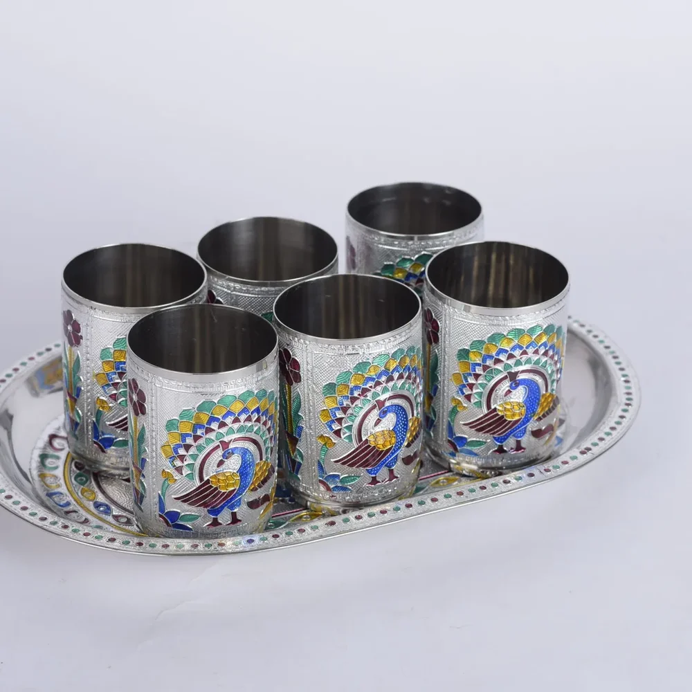 Minakari Tray with Six Glasses Set - Home & Kitchen by Deewin Dreamz