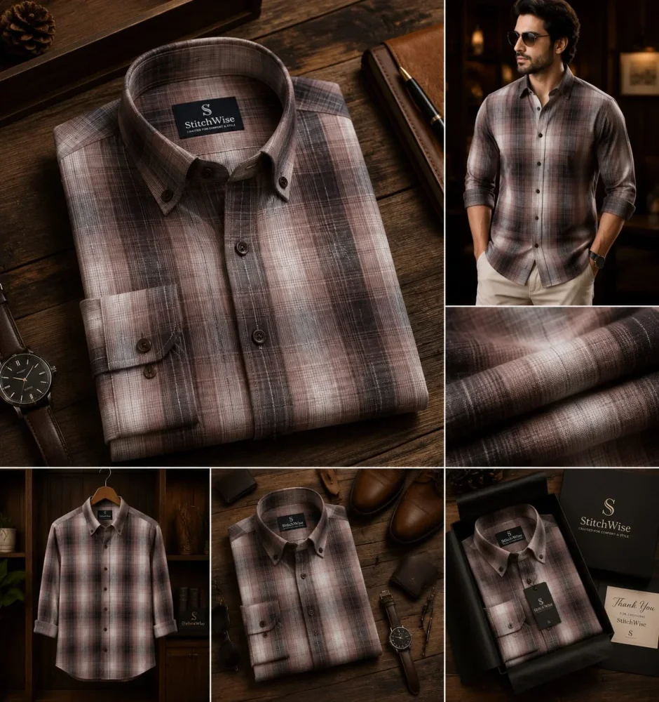 Men's Brown & Taupe Windowpane Check Button-Down Collar Shirt - Textiles & Apparel by Paloma Casual