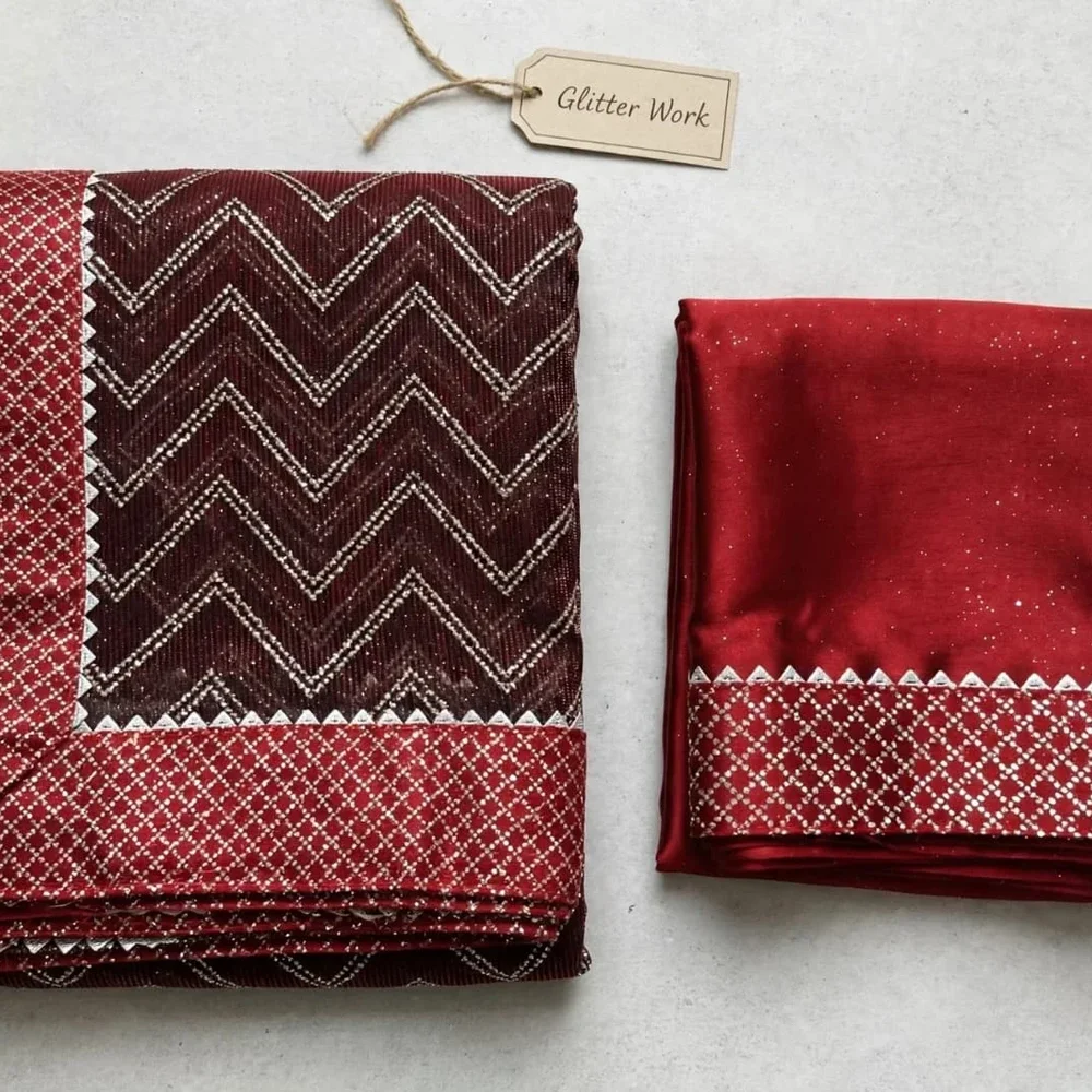 Maroon Crepe Satin Saree with Red Glitter Border - Textiles & Apparel by Marvel Creation