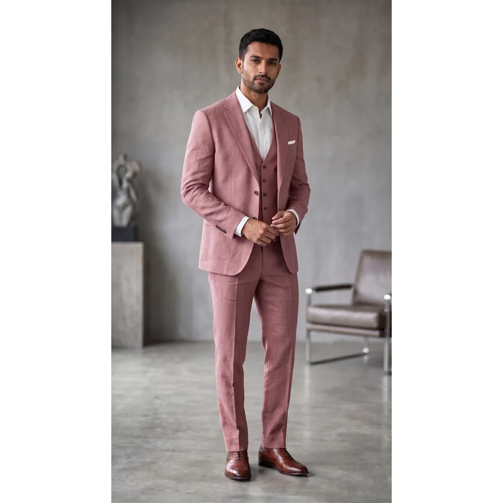 Men's Slim Fit Linen 3-Piece Suit in Dusty Rose - Textiles & Apparel by G M Apparels