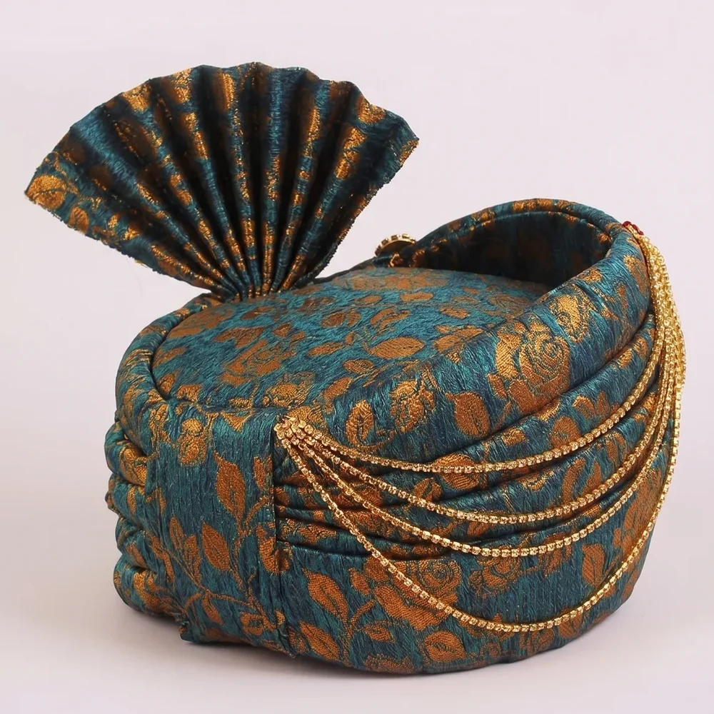 Banarasi Silk Wedding Pagri with Kalgi and Pearl Accents - Textiles & Apparel by G M Apparels
