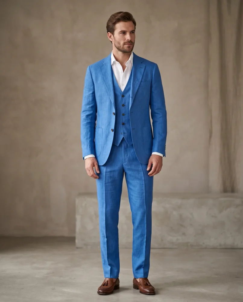 Cerulean Blue Linen Three-Piece Suit (Custom Size) - Textiles & Apparel by G M Apparels