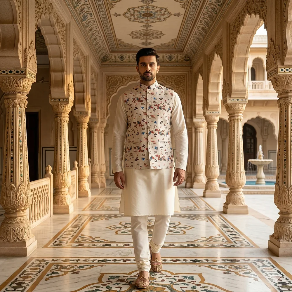 Ivory Silk Kurta Set with Hand-Printed Nehru Jacket - Textiles & Apparel by G M Apparels