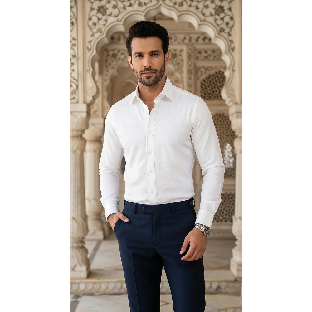 Men's Crisp White Dobby Weave Tailored-Fit Casual Shirt - Textiles & Apparel by G M Apparels