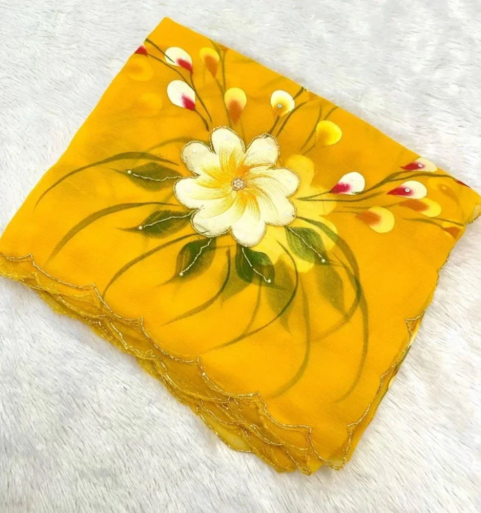 Yellow Floral Hand Painted Saree - Textiles & Apparel by Premium Collections