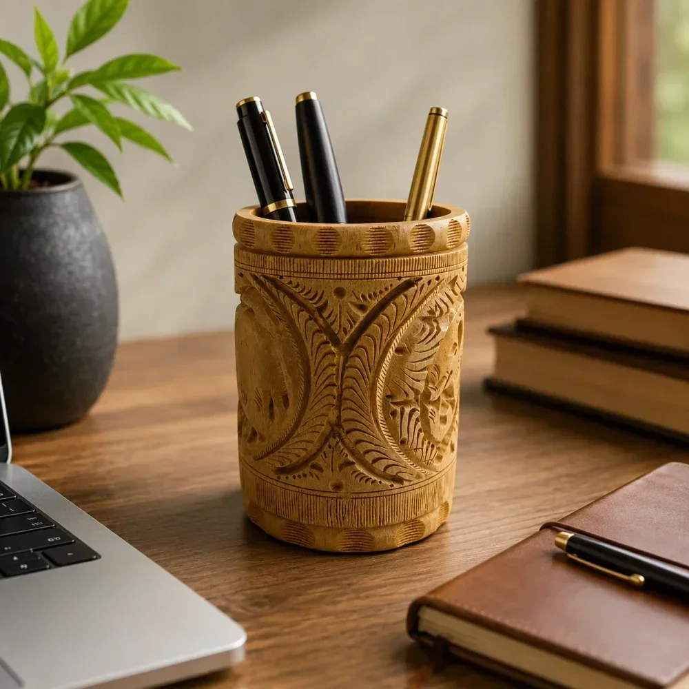Kadam Wood Desk Caddy - Paper & Stationery by Sanvi Exports