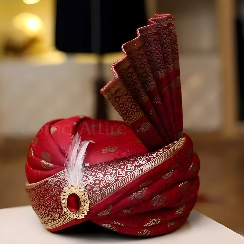 Banarasi Silk Groom's Turban with Kalgi and Feather - Textiles & Apparel by G M Apparels