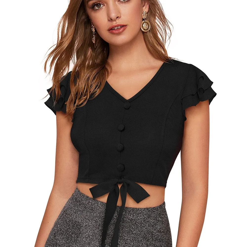 Solid Black V-Neck Crop Top - Textiles & Apparel by Cara Exim