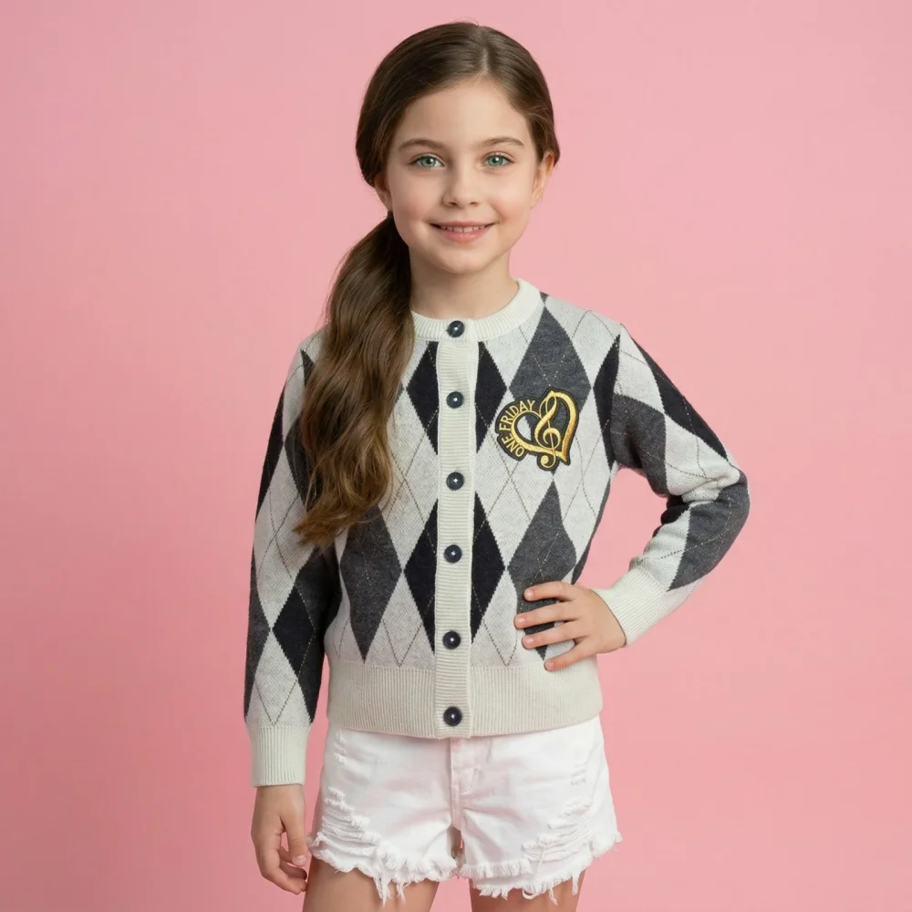 Girls' Argyle Jacquard Button Cardigan, 10 Gauge Knit - Textiles & Apparel by Dhibbhagiri Inc.
