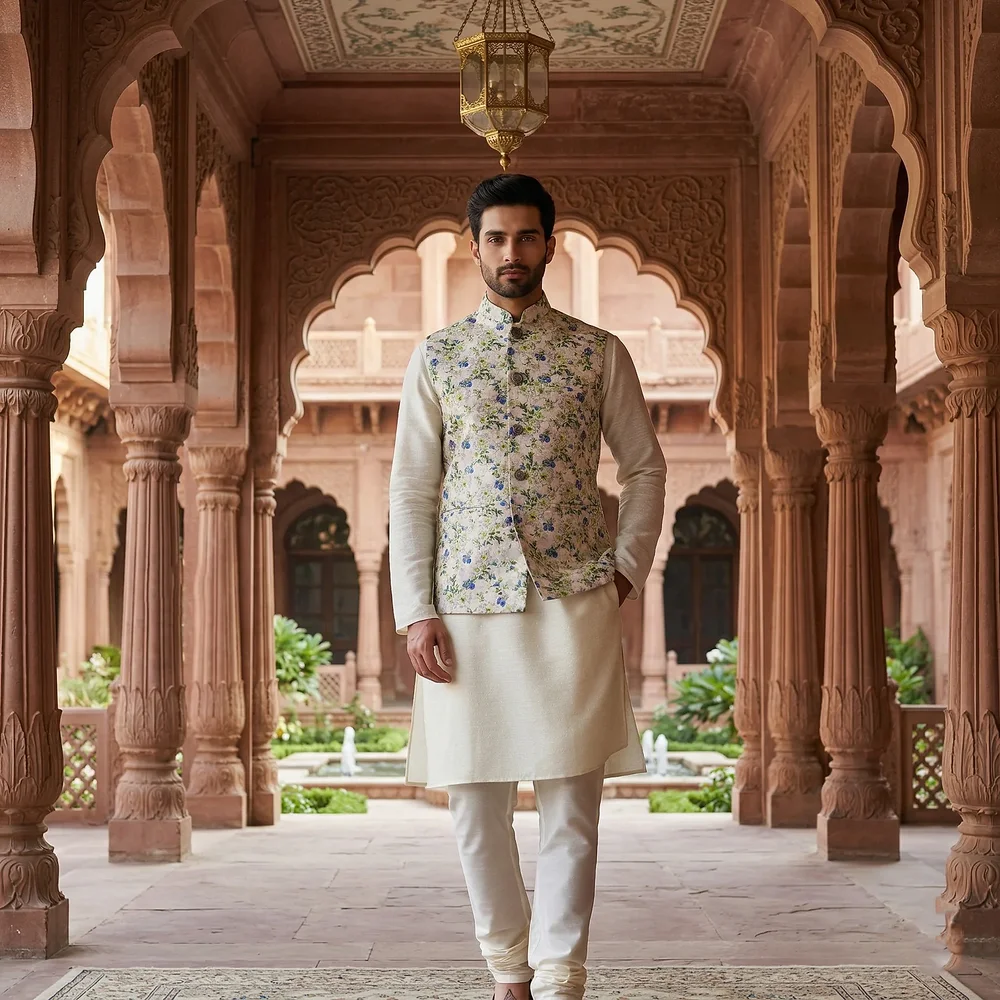 Men's Off-White Silk Kurta Pajama Set with Floral Print Nehru Jacket - Textiles & Apparel by G M Apparels