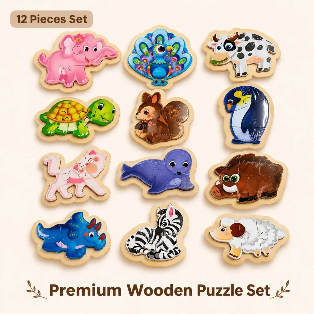Wooden Animal Puzzle Set for Kids Learning, 12 Pieces - Sports, Toys & Games by Vishva Guru Traders