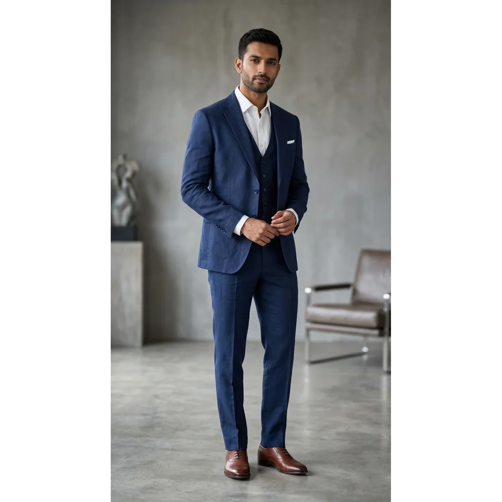 Royal Blue Linen Three-Piece Suit, Modern Fit - Textiles & Apparel by G M Apparels