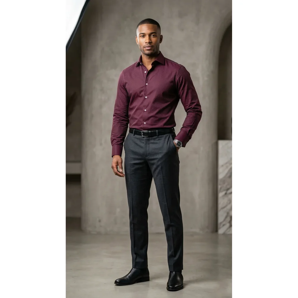 Burgundy Slim Fit Textured Button-Down Shirt - Textiles & Apparel by G M Apparels