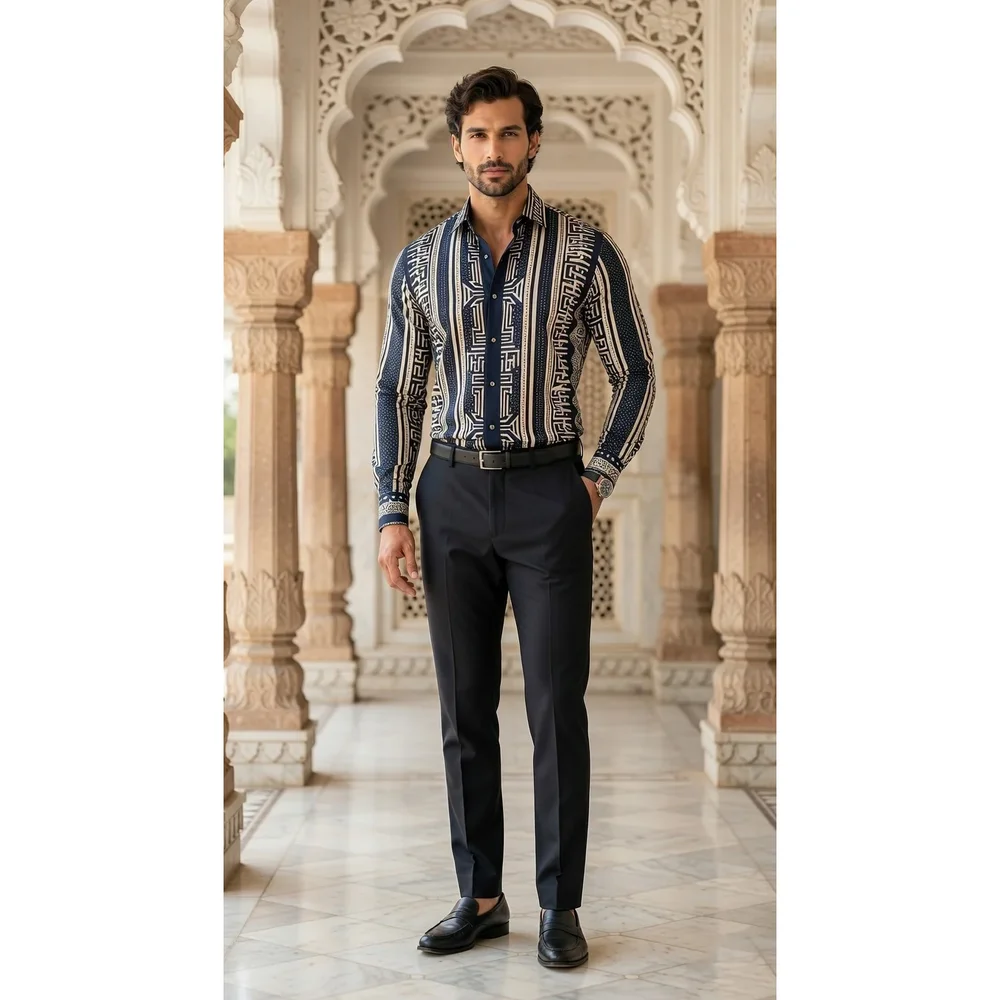 Men's Slim-Fit Silk-Blend Geometric Mosaic Print Shirt - Textiles & Apparel by G M Apparels