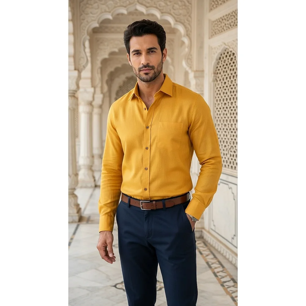 Men's Casual Full-Sleeve Linen-Blend Shirt, Mustard Gold - Textiles & Apparel by G M Apparels