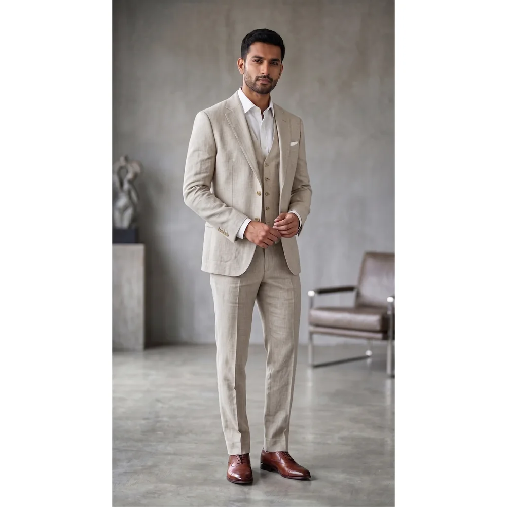 Sand Beige Linen Blend Three-Piece Slim Fit Suit M - Textiles & Apparel by G M Apparels