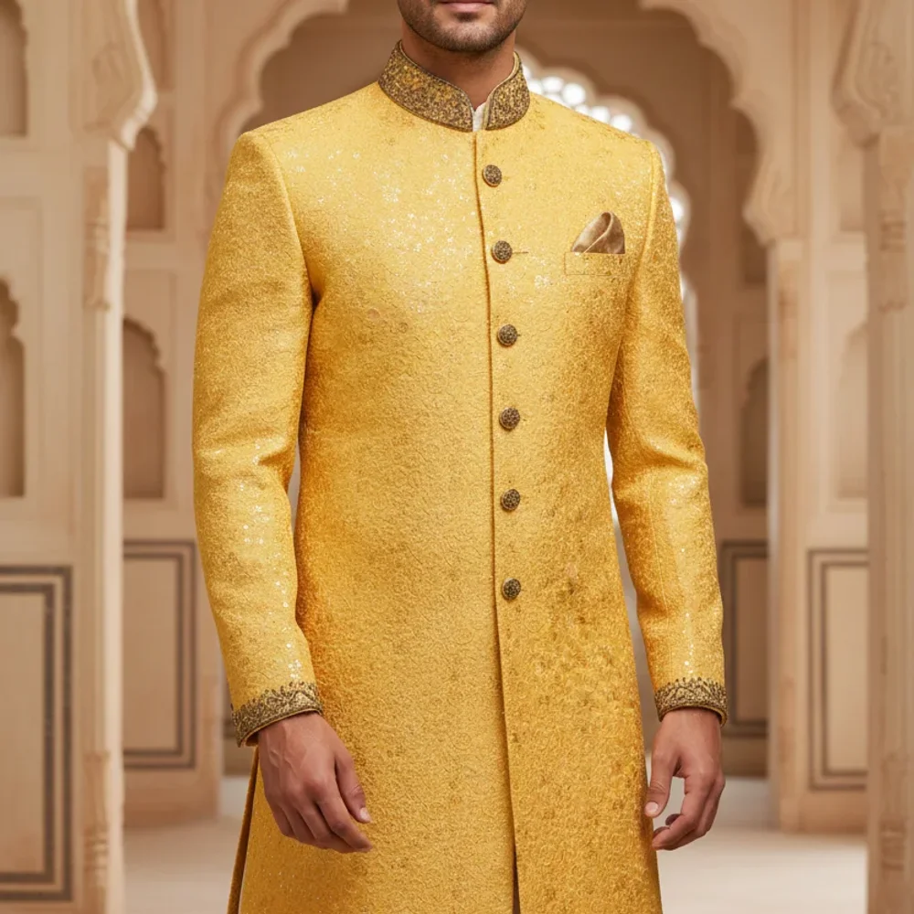 Men's Mustard Embroidered Sherwani - Textiles & Apparel by G M Apparels