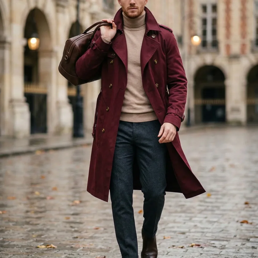 Men's Burgundy Double-Breasted Trench Coat - Textiles & Apparel by G M Apparels