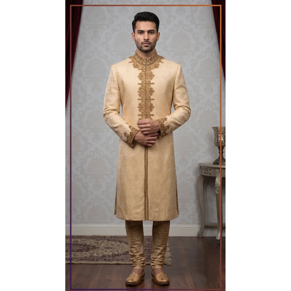Gold Jacquard Silk Embroidered Mens Sherwani - Textiles & Apparel by G M Apparels
