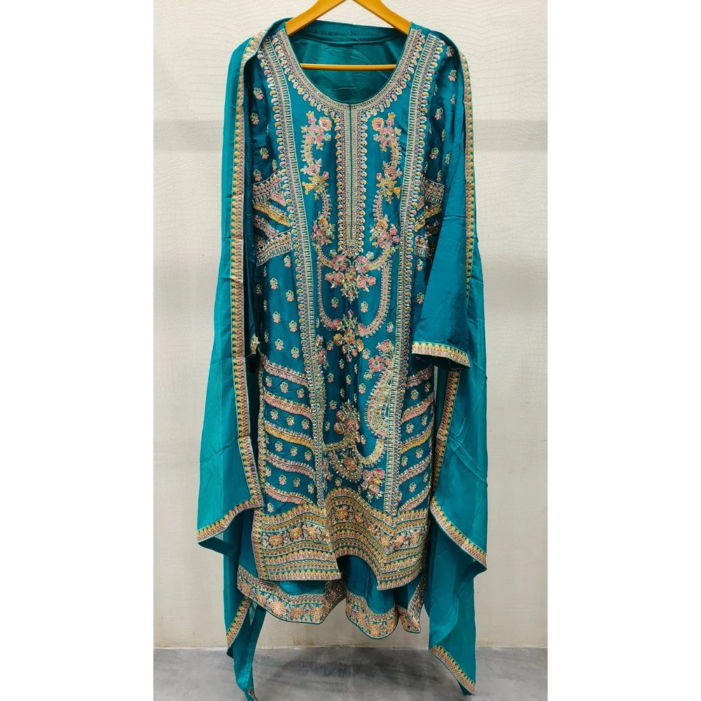 Embroidered Chiffon and Raw Silk Formal Palazzo Kurta Set - Textiles & Apparel by Ayzel Pvt. Ltd.