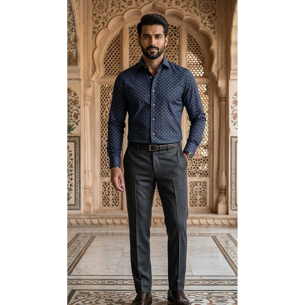 Men's Navy Slim Fit Cotton Blend Dress Shirt - Textiles & Apparel by G M Apparels