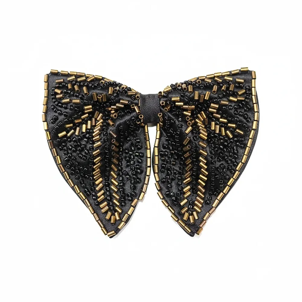 Black Satin Pre-Tied Bow Tie with Antique Gold Embroidery - Textiles & Apparel by G M Apparels