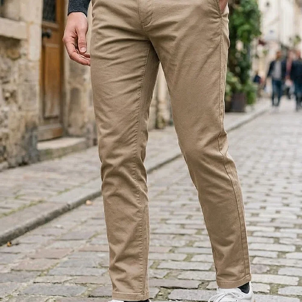Khaki Cotton Twill Slim-Fit Chinos - Textiles & Apparel by G M Apparels