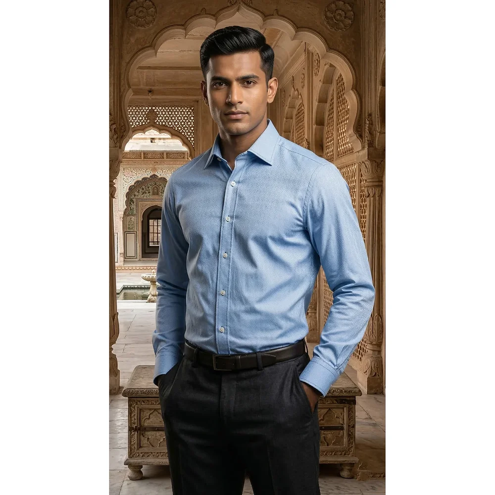 Men's Sky Blue Micro-Jacquard Slim-Fit Cotton Dress Shirt - Textiles & Apparel by G M Apparels