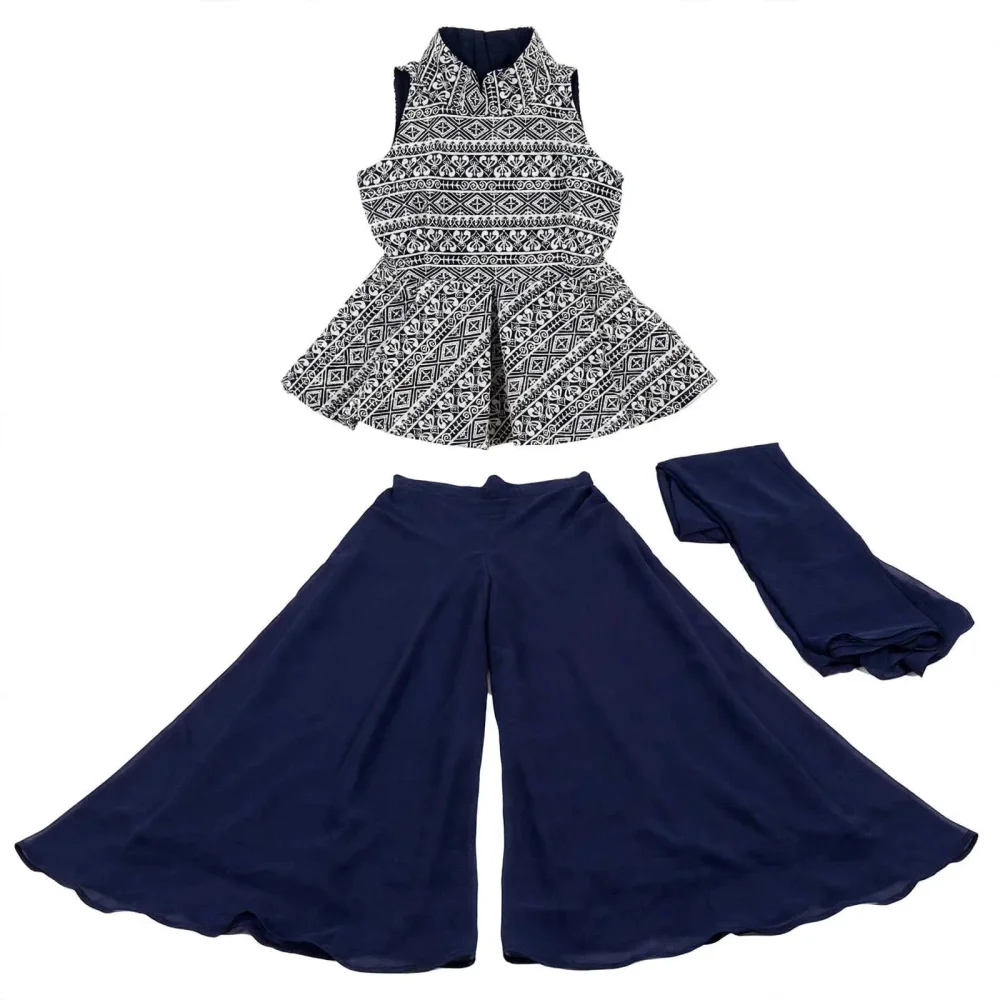 Stylish Girls Ethnic Set From Marvel Creation Fabric: Top - Pure Cotton, Bottom - Georgette Palazzo With Cotton Lining Top Design: Halter Neck, Sleeveless, High Neck With Peplum Style, Traditional Bla - Textiles & Apparel by Marvel Creation