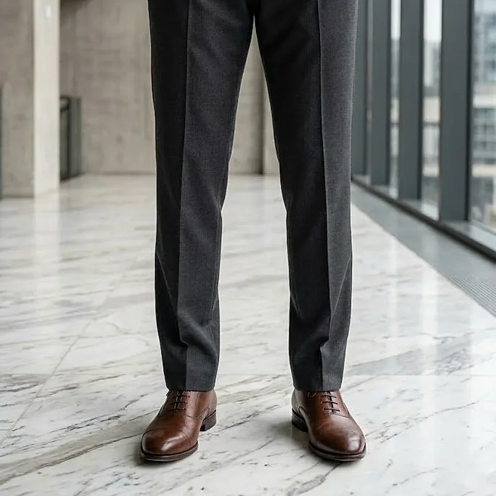 Men's Charcoal Wool Herringbone Flat-Front Trousers - Textiles & Apparel by G M Apparels
