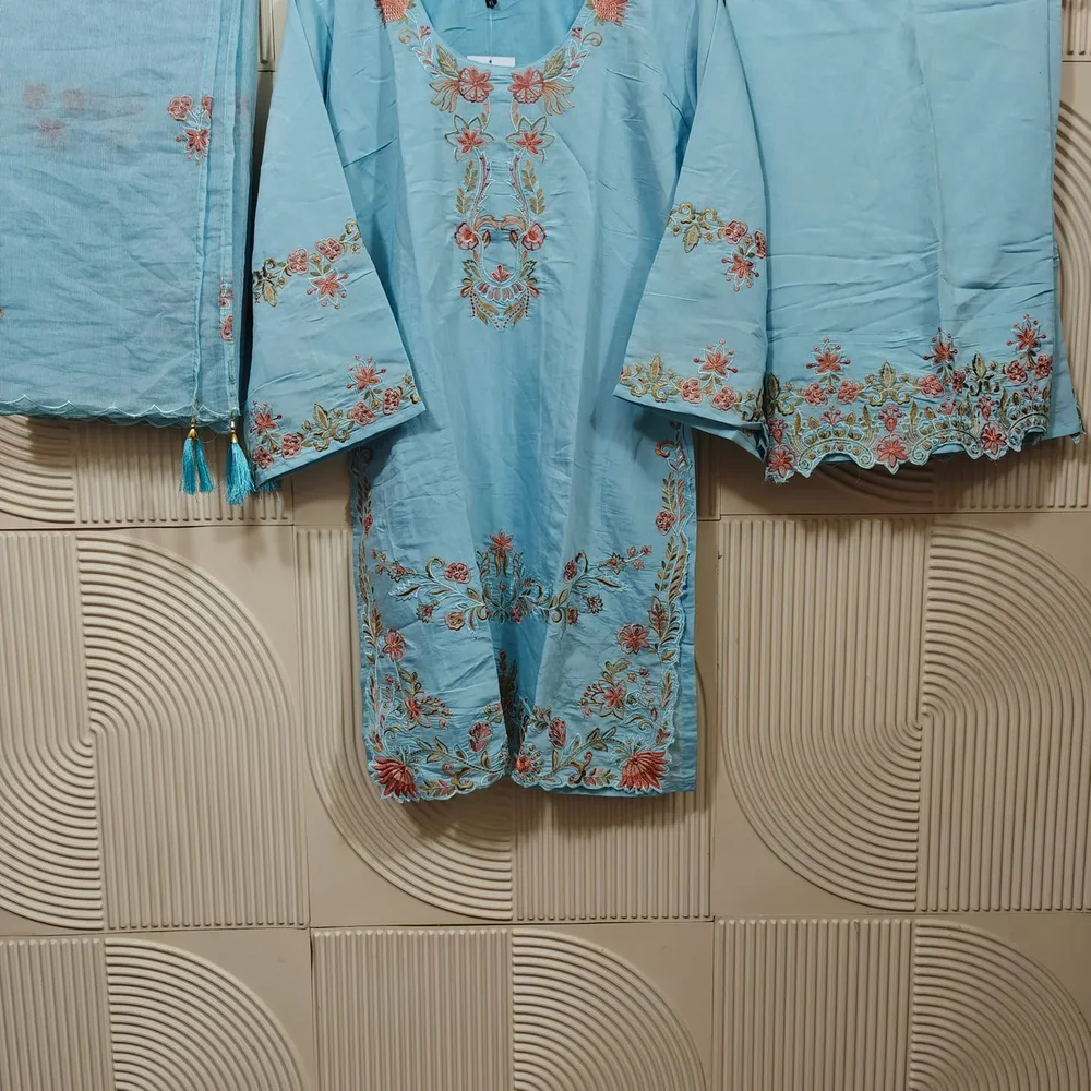Stitched Cotton Kurta Set with Embroidered Net Dupatta - Textiles & Apparel by Ayzel Pvt. Ltd.