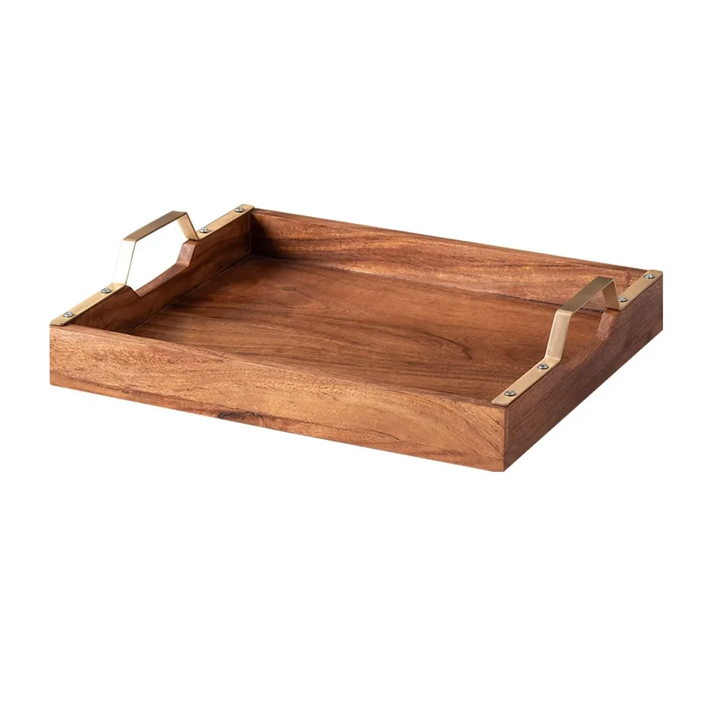 Acacia Wood Serving Tray with Metal Handles - Home & Kitchen by Razvi Exports