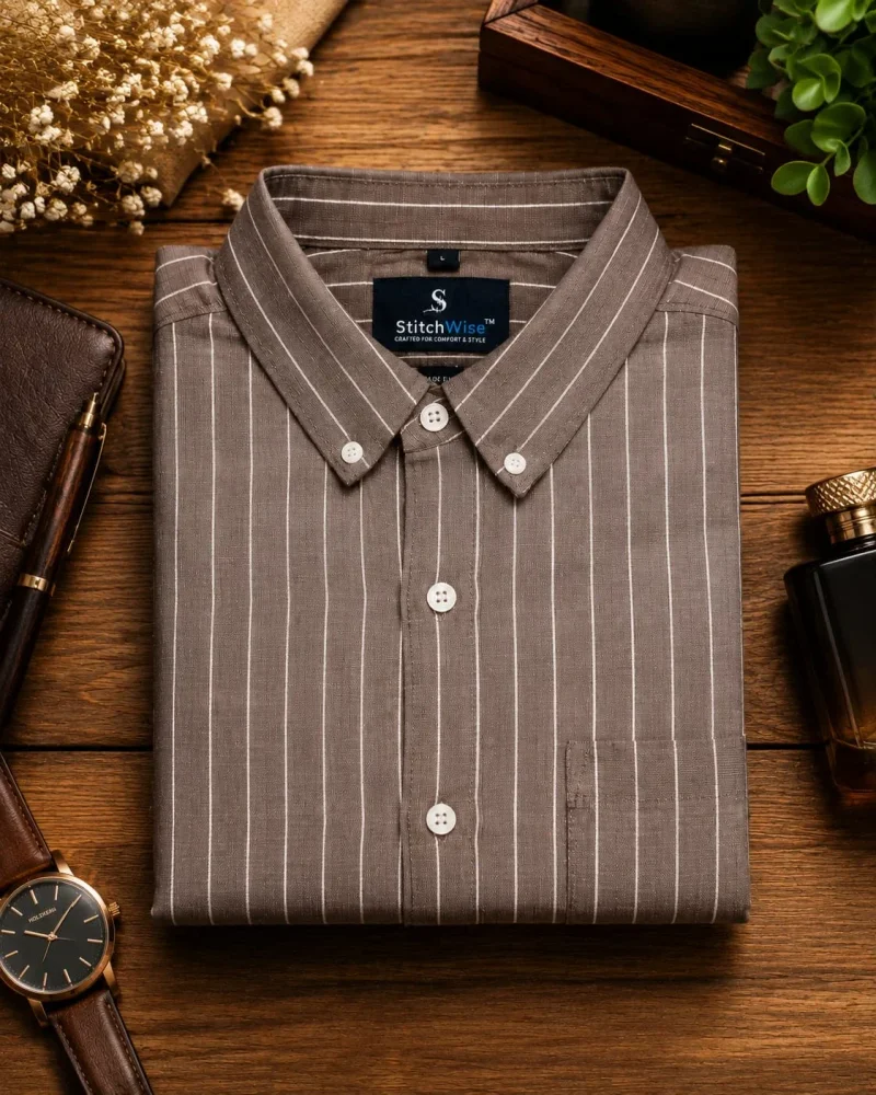 Men's Taupe Brown & White Vertical Stripe Button-Down Collar Shirt - Textiles & Apparel by Paloma Casual