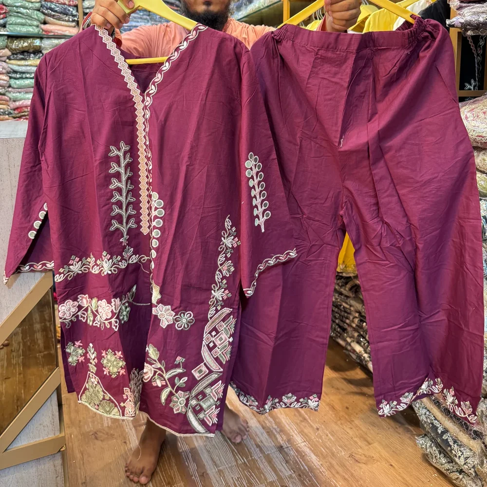 Purple Embroidered Cotton Kurta and Pants Set - Textiles & Apparel by Ayzel Pvt. Ltd.