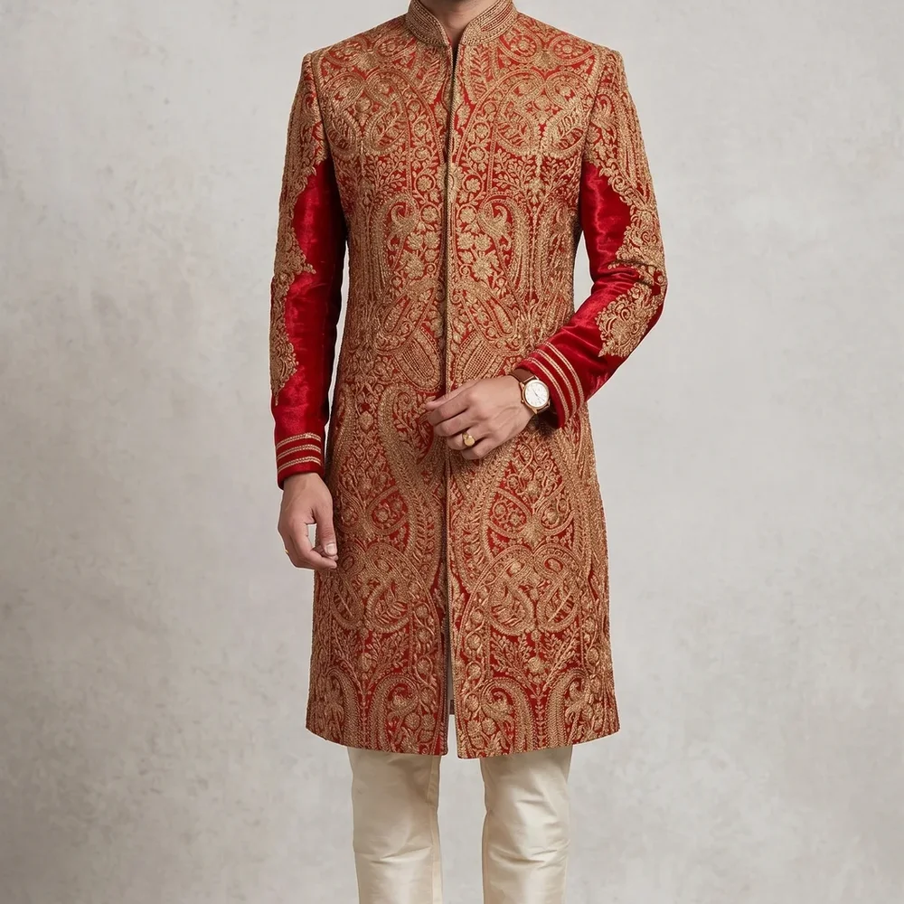 Maroon Velvet Silk Sherwani with Zardosi Work - Textiles & Apparel by G M Apparels