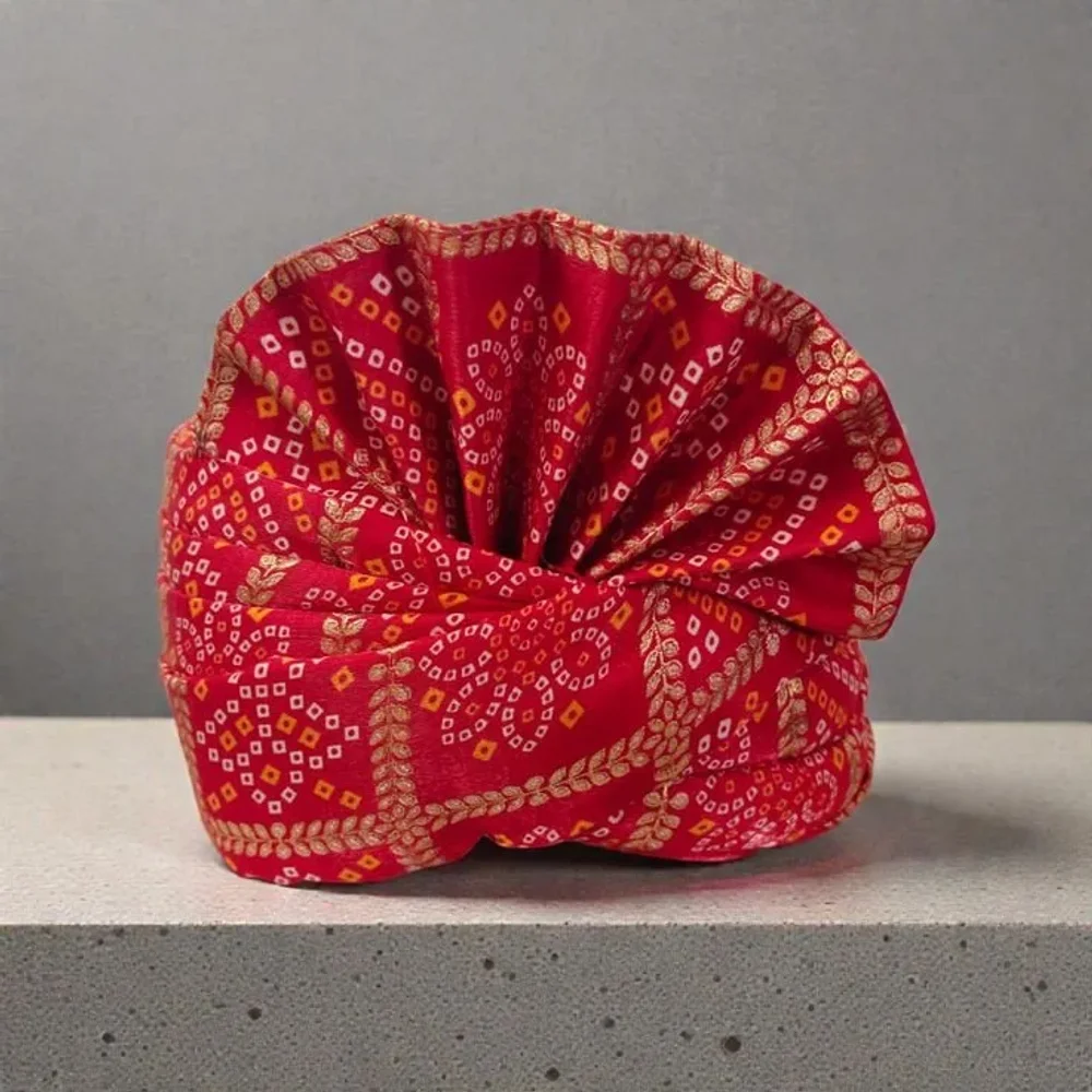 Red Bandhani Art Silk Georgette Turban with Gota Patti Work - Textiles & Apparel by G M Apparels