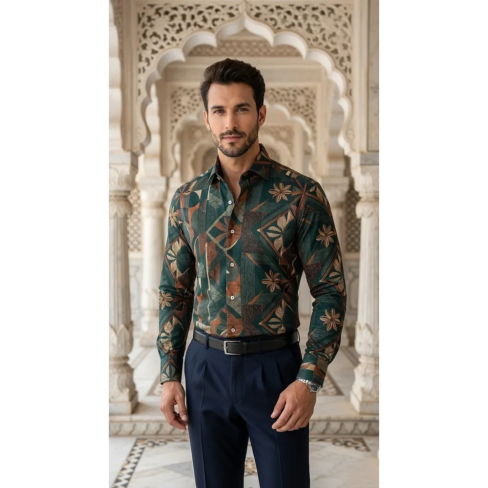 Men's Slim-Fit Silk-Blend Sateen Shirt with Abstract Botanical Digital Print - Textiles & Apparel by G M Apparels