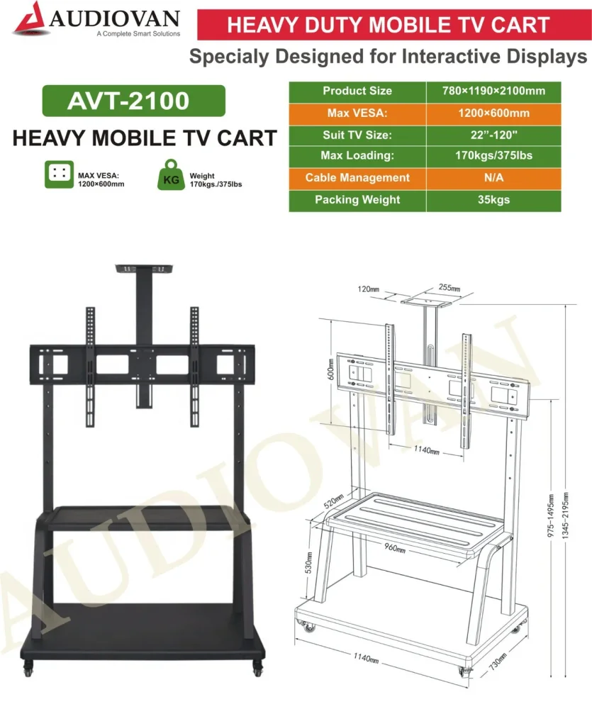 Audiovan Black Powder Coated Mobile TV Cart - Furniture & Interiors by Audiovan Tech Mumbai