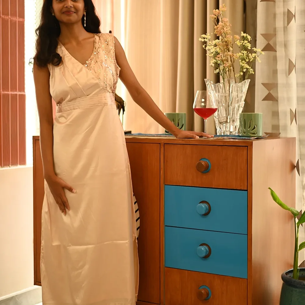 Embroidered Silk Satin Maxi Dress - Textiles & Apparel by Ivaayaa