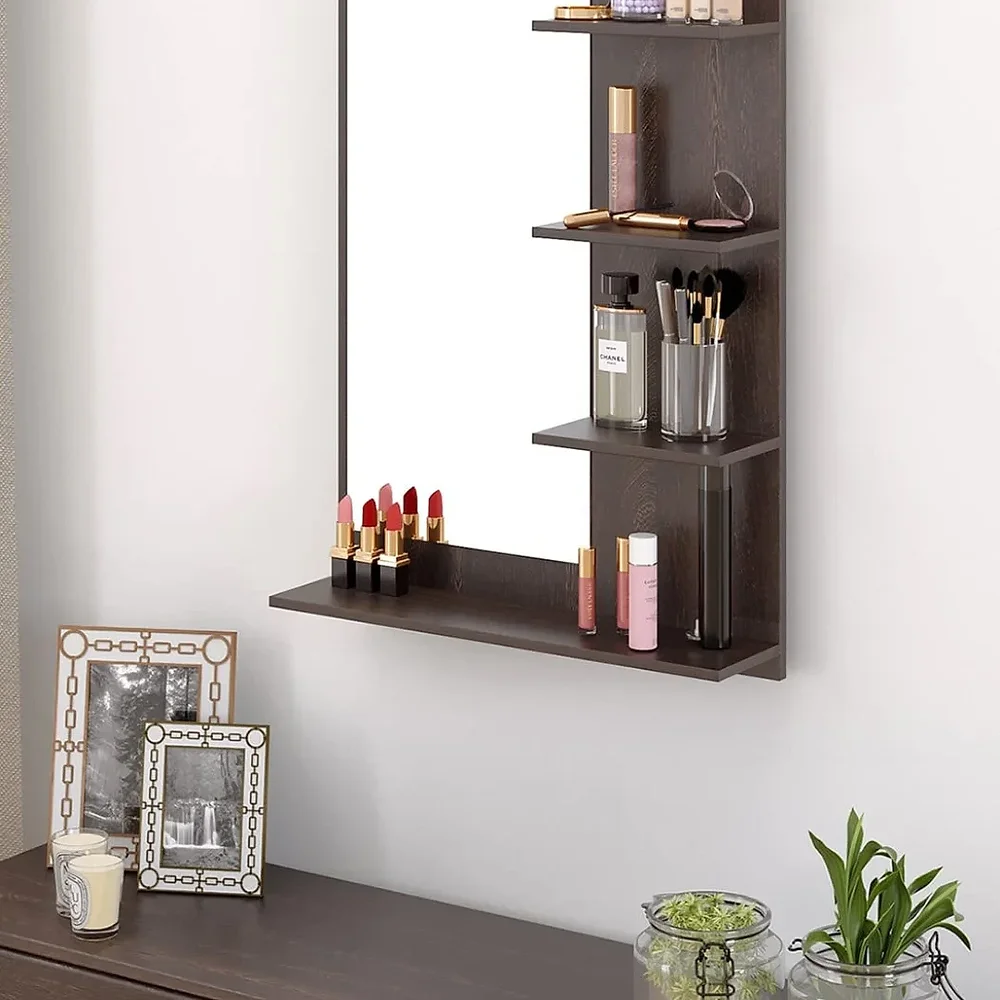 Engineered Wood Wall Mount Dressing Table Mirror with Shelves, Wenge Finish - Furniture & Interiors by Upcycle Furnishing India